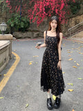 themeisles Y2k Vintage Black Floral Dress Women Korean Style Mesh Irregular Split One Piece Slip Long Chiffon Fairy Dresses Summer