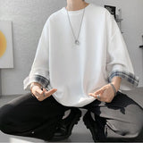 themeisles Spring Summer Men's T-shirts Women Oversized 2XL Korean Style Loose Plaid T-shirt Casual Seven sleeves T-Shirt Male White