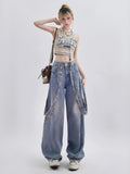 themeisles Autumn Women's Retro Niche Ribbon Design With Versatile Washable And Distressed Wide Leg High Waisted Women's Jeans