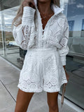 themeisles Pajama for Women Vintage Single Breasted White Lace Women Shorts Sets Long Sleeve Casual Party 2 Pcs Outfits Femme Suit Summer