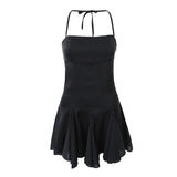 themeisles Spring Summer New Sexy Slim Fashion Women Halter Neck Tie Backless Pleated Short Strap Mini Dress Female