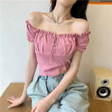 themeisles  New Summer Fashion Y2K T-shirt Woman Sleeveless Shoulder Off Sexy Clothes Crop Top Women Pleated Bandage Tee Shirt Femme