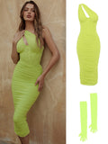 themeisles Summer Midi Mesh Dress Bodycon One Shoulder Eveining Night Party Dresse Cut Out Draped Women Birthday Dress Elegant Stretch