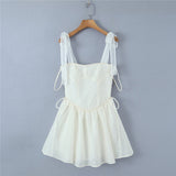 themeisles White Strap Dress  Spring Summer New Sexy Holiday Fashion Slim Waist Hollow Tie Short Mini Dress For Women