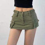 themeisles Denim Cargo Mini Skirt Women Korean Style Low Waist Slim Sexy Vintage Streetwear Green Jean Skirt Y2k Girl Summer