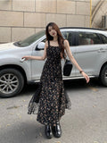 themeisles Y2k Vintage Black Floral Dress Women Korean Style Mesh Irregular Split One Piece Slip Long Chiffon Fairy Dresses Summer