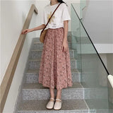 themeisles Vintage Floral Print A-line Pleated Long Skirts Summer Women Korean Skirt Streetwear Drawstring Elastic Waist Midi Skirt