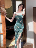 themeisles Women Slash Neck Sexy Strapless Retro Green Printing Elegant Temperament Fitting Suspender Slit Bodycon Long Midi Dress Summer