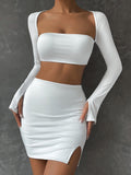 themeisles 2 PCS Sexy White Mini Dress Set Long Sleeve Top Summer Skirts Suits Bodycon Women Party Short Split Dress Suit