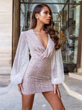 themeisles Sexy Sequins Women Party Mini Dress V-Neck Lantern Long Sleeve Female Night Club Evening Dresses Bodycon Short Dress Summer