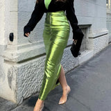 themeisles Sexy Sparkly Slit Long Skirts Women High Waist Metallic Green Slim Maxi Skirt Summer Harajuku Elegant Fairy Grunge Clothes