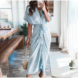 themeisles Women Summer Elegant Button Ruched Bandage Shirt Dress Fashion Casual Short Sleeve Solid V Neck Beach Maxi Dress