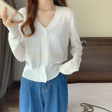 themeisles Summer V Neck Cardigan Women Casual Transparent Sweater Shirts Lady Simple Thin Solid Outwear Female Crop Top