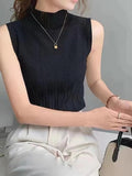 themeisles Women Summer Casual Knitted Tank Tops Solid Sleeveless Half High Collar Slim Base Shirt Sexy Top Knitwear Y2k High Street