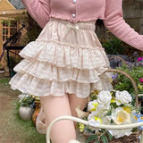 themeisles Kawaii Ruffle Skirt Women Coquette Cute Lolita High Waist A-line Bow Lace Fairycore Mesh Mini Skirt Summer Mori Girl