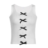 themeisles Korean Sweet White Skinny Women Tops Vest Sleeveless Lace Spliced Split Y2K Cute Bow Summer Crop Top Coquette Clothes