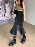 themeisles Black Denim Long Skirt Women Vintage High Waist Split Bodycon Ruffles Pencil Mermaid Midi Skirt Summer Japanese Fashion