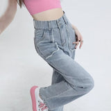 themeisles High End Denim Women's Summer Raw Edge Stitching Design For Lifting Buttocks And Slimming Straight Wash Pants