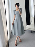 themeisles Vintage Square Collar Casual French Midi Dress for Women Elegant Party Ladies Pleated A-Line Femme Fashion Bodycon Dress Summer