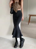 themeisles Black Denim Long Skirt Women Vintage High Waist Split Bodycon Ruffles Pencil Mermaid Midi Skirt Summer Japanese Fashion