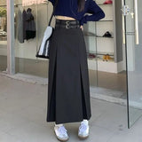 themeisles Korean Style High Waist Long Skirt Women Summer Double Belt Preppy Midi Skirts Woman Pleated Black Gray A Line Skirt