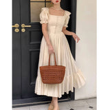 themeisles Elegant Square Collar White Dress Summer Fashion Puff Sleeve Ruffle Dress for Women  Chic Vintage Maxi Dresses