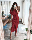 themeisles Women Summer Elegant Button Ruched Bandage Shirt Dress Fashion Casual Short Sleeve Solid V Neck Beach Maxi Dress