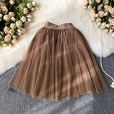 themeisles Sweet Women Mini Skirt Mesh Solid Tierred Ruffles Elastic Waist Women's Clothing Almighty A-line Tulle Skirts Summer