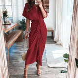 themeisles Women Summer Elegant Button Ruched Bandage Shirt Dress Fashion Casual Short Sleeve Solid V Neck Beach Maxi Dress