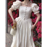 themeisles Elegant Square Collar White Dress Summer Fashion Puff Sleeve Ruffle Dress for Women  Chic Vintage Maxi Dresses