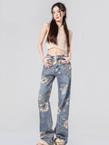 themeisles Street Printed Jeans, Female Niche Design, Trendy Vibe High Waisted Drape, Straight Leg Wide Leg Long Pants, Women's Jeans