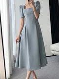 themeisles Vintage Square Collar Casual French Midi Dress for Women Elegant Party Ladies Pleated A-Line Femme Fashion Bodycon Dress Summer