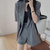 themeisles  Summer Retro Korean Version of the Temperament Short-sleeved Suit Jacket + Shorts Set Casual Loose Suit Two-piece Female