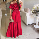 themeisles Summer Boho Red Dress Fashion Short Sleeve Beach Long Dress Casual Loose Elegant Holiday Party Dresses For Women Robe Femme