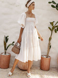 Women Summer Dresses Ruffle Square Neck Puff Sleeve Bow Midi Dress Bohemian Beach Party Elegant Female Vestidos Robe