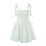 themeisles White Strap Dress  Spring Summer New Sexy Holiday Fashion Slim Waist Hollow Tie Short Mini Dress For Women