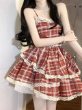 themeisles Kawaii Countryside Style Lace Ruffles Princess Dresses Women Sweet Lolita Plaid Harajuku Fashion Evening Party Mini Dress Summer