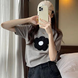 themeisles Summer Flower Embroidery T Shirt Women Korean Style Short Sleeve Knitted T-Shirt Woman All Match Round Neck Tee Tops