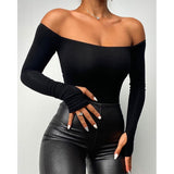 themeisles Spring Summer Women Clothing Daily Wear Black T-shirts Elegant Cold Shoulder Long Sleeve Skinny Casual Top