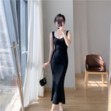 themeisles Korea Summer New Women White Elegant V-neck Knit Slip Long Dress French Black Sexy Club Slim Prom Evening Party Fishtail Dresses