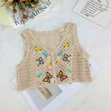 OUMEA Women Sweet Cotton Cardigan Summer Floral Embroidery Sleeveless Buttons Front Crop Tops Beach Sweet Crochet French Style