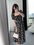 themeisles Vintage French Sexy Bodycon Black Floral Square Collar Office Lady Midi Chiffon Dress Women Party Elegant Clothes Summer