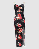 themeisles Sexy Spaghetti Strap Backless Floral Midi Bodycon Dress Women Summer Black  Metal Chain Party Long Dresses For Women