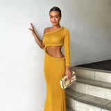 BACK TO COLLEGE    Elegant Women's Two Pieces Dress Set  Fall One Shoulder Long Sleeve Cropped Tops and Long Skirts Female Holiday Beach Outfit