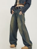 themeisles Vintage Washed Old High Street Side Striped Jeans Women's Loose Wide Leg Slim Pants Women's Jeans