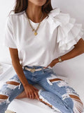 themeisles Women Summer Ruffles Short Sleeve Loose T Shirt Chic Elegant Solid O Neck Tops Casual Simple All Match Tee Streetwear Blouse