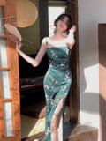 themeisles Women Slash Neck Sexy Strapless Retro Green Printing Elegant Temperament Fitting Suspender Slit Bodycon Long Midi Dress Summer