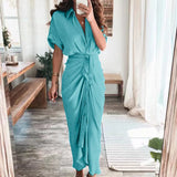 themeisles Women Summer Elegant Button Ruched Bandage Shirt Dress Fashion Casual Short Sleeve Solid V Neck Beach Maxi Dress