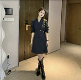 themeisles Korean Chic Solid Short Dresses for Women  Autumn New Fashion Long Sleeve Notched Slim Office Lady A-line Female Clothing