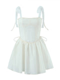 themeisles White Strap Dress  Spring Summer New Sexy Holiday Fashion Slim Waist Hollow Tie Short Mini Dress For Women